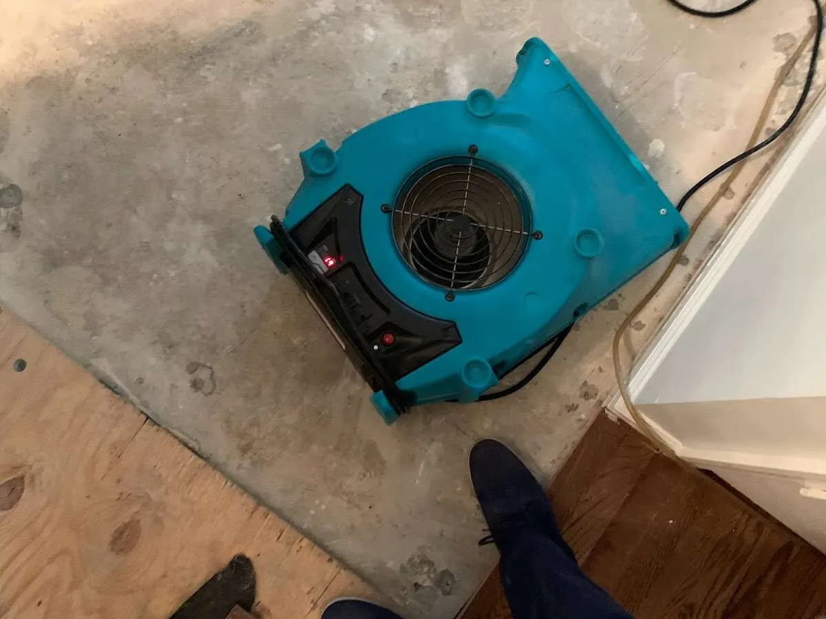 Air mover drying subfloor during Commercial Water Damage Restoration in West Whittier-Los Nietos